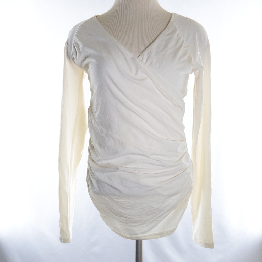 Garnet Hill Juliet White Faux Wrap Long Sleeve Stretchy Cotton V-Neck Top Size S